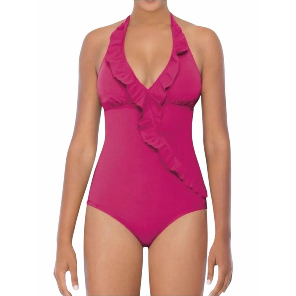 Love Your Assets Halter Glamour Ruffle One Piece Swim Suit Fuchsia - Medium